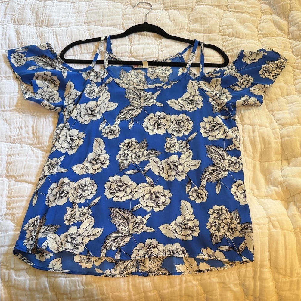Pink Rose Blue Floral Cold-Shoulder Cami Top
